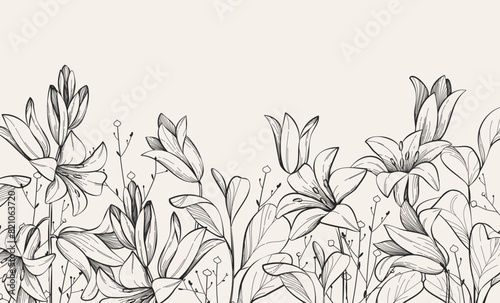 Floral bakground or wallpaper with bouquet of various flowers. Botanical foliage for wedding invitation or wall art. Vector illustration. Luxury inked