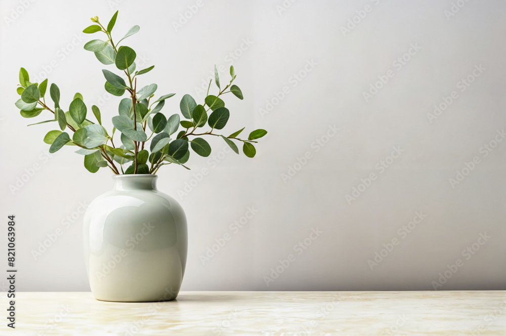 Green eucalyptus leaves in ceramic vase on wooden table. Front view. Place for text, copy space, mock up Green eucalyptus leaves in ceramic vase on wooden table. Front view. Place for text, copy space, mock up