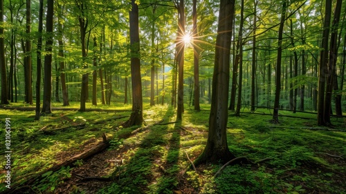 Beautiful forest panorama with bright sun shining through the trees © Art Wall