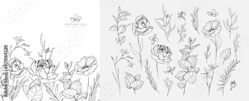 Set of detailed black and white drawing various flowers and leaves. Luxury floral collection for wedding invitation, wallpaper art or save the date card. Botanical vector