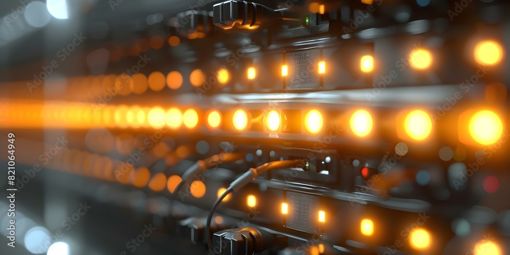 LED status lights on network switch indicate active connections in data center. Concept