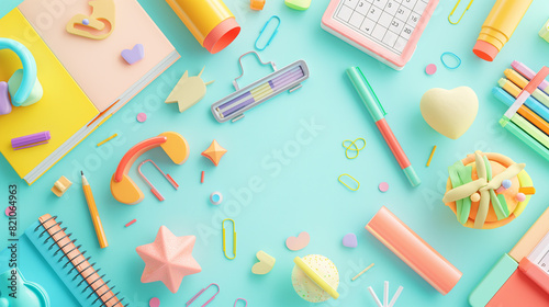 3d rendering concept colorful themes of back to school . educational background with copy space surround by kids merchandise catalog, calendar , pens, erasers, books , childlike, desk, School supply