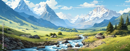 Scenic mountain landscape with a flowing river, green meadows, and snow-capped peaks under a clear blue sky.