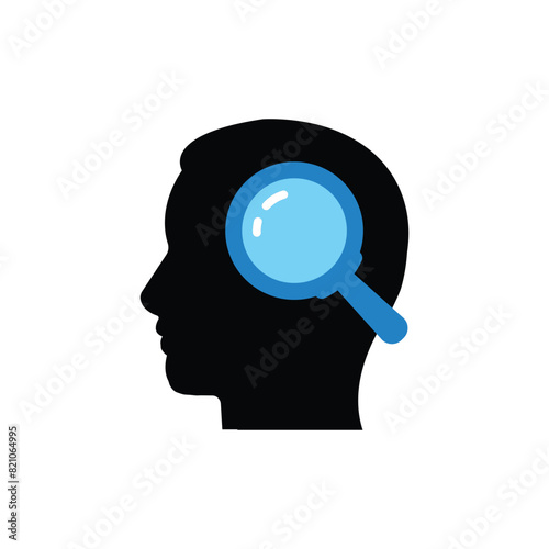 magnifying glass with head like insight icon. flat cartoon simple neuroscience logotype graphic art pictogram design web element isolated on white.
