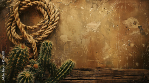 A textural antique background with an old Wild West theme or desert southwest motifAn off white vintage background or wallpaper with cactus, rope on aged grunge stucco wall, western style, realistic