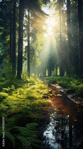 Beautiful forest panorama with bright sun shining through the trees