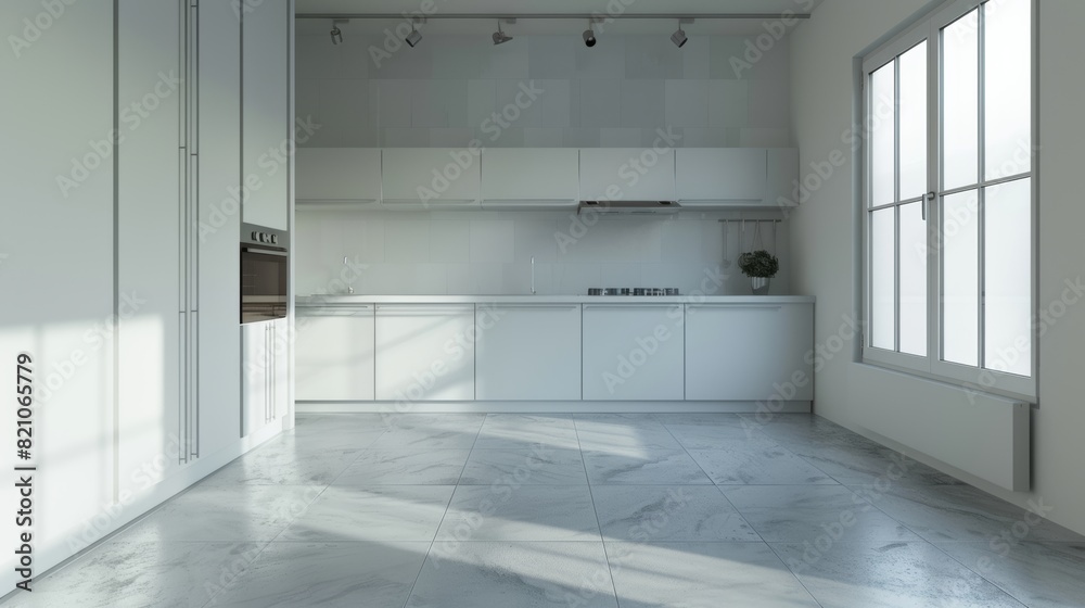 Fototapeta premium large minimal empty greyish white kitchen.