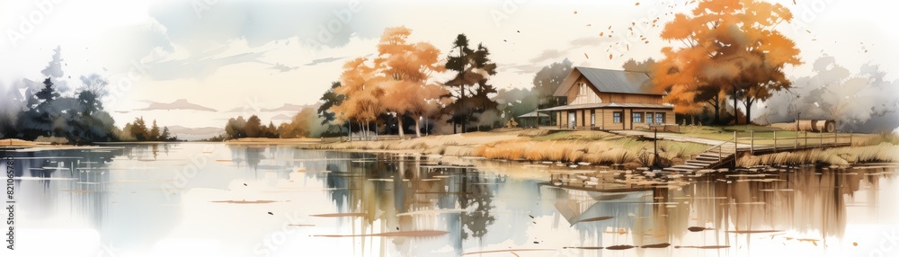 Serene autumn lake scene with a cozy cabin surrounded by colorful trees, reflecting in the calm water. Peaceful nature landscape. Serene autumn lake scene with a cozy cabin surrounded by colorful trees, reflecting in the calm water. Peaceful nature landscape.