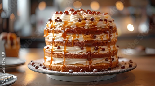 An extravagant birthday cake towering with layers of sponge and cream, drizzled with luscious caramel sauce