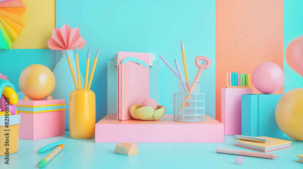 3d rendering concept colorful themes of back to school . educational background with copy space surround by kids merchandise catalog, calendar , pens, erasers, books , childlike, desk, School supply 3d rendering concept colorful themes of back to school . educational background with copy space surround by kids merchandise catalog, calendar , pens, erasers, books , childlike, desk, School supply