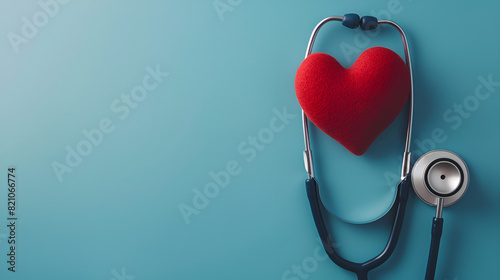 Stethoscope and red hearts on a blue background Health care concept photo