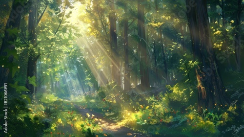 Beautiful forest panorama with bright sun shining through the trees