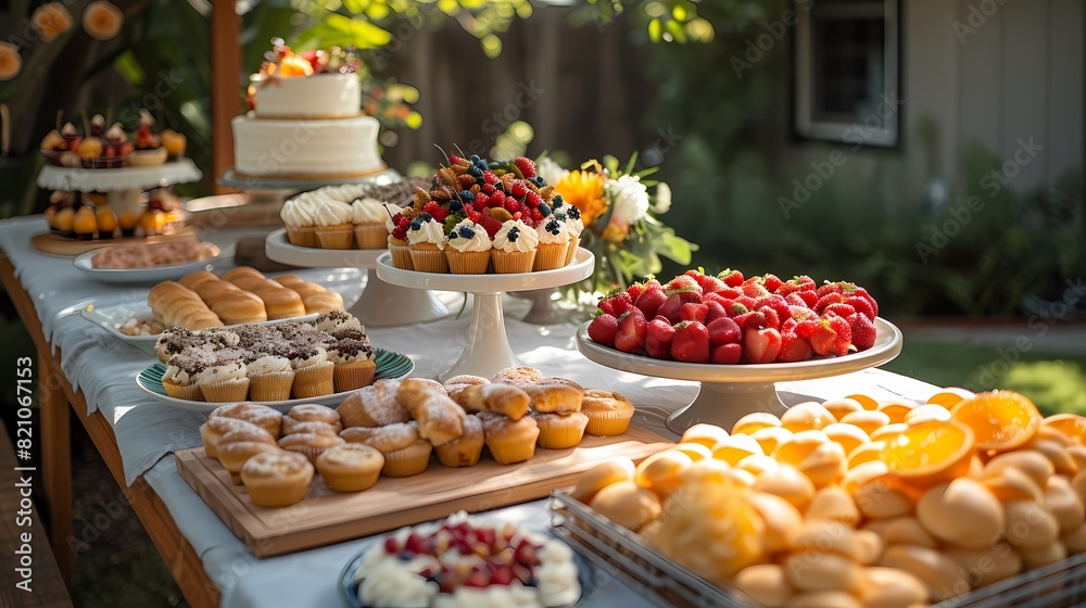 A backyard picnic table set with cupcakes, sandwiches, and fruit skewers for a casual birthday gathering on a sunny day