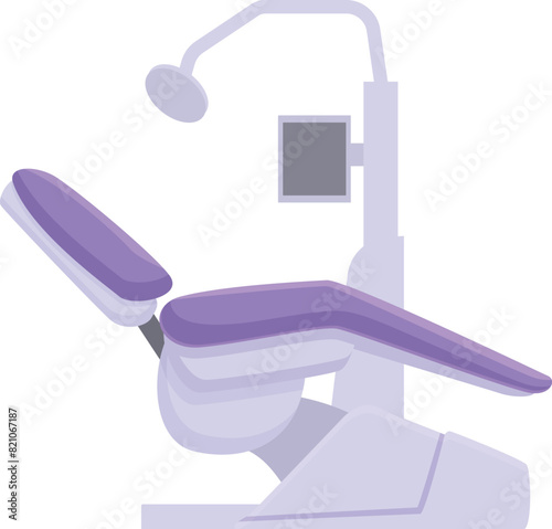 Illustration of a modern dental chair in a clean. Professional dental office setting. Isolated on a white background. With purple accents and contemporary design. Suitable for orthodontic. Endodontic