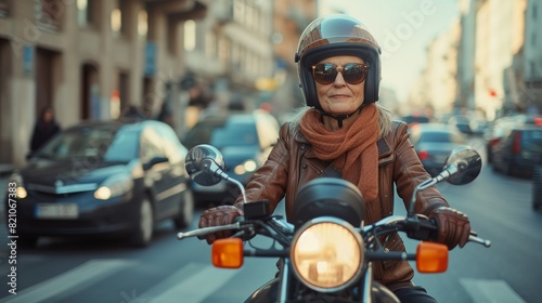 Mature woman on a motorcycle, navigating urban streets with confidence and skill © AlfaSmart