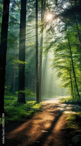 Beautiful forest panorama with bright sun shining through the trees