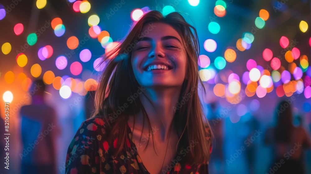 Young woman at a music festival smiling in front of the stage with bright lights and crowd in the background