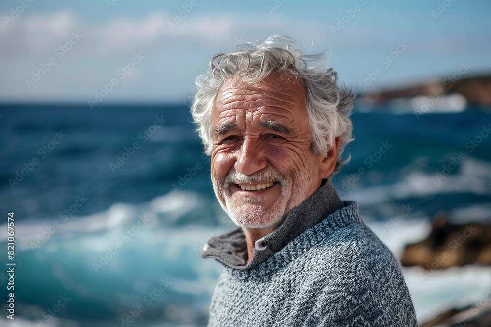 Portrait of an elderly gray-haired, happy man against the background of the ocean Portrait of an elderly gray-haired, happy man against the background of the ocean