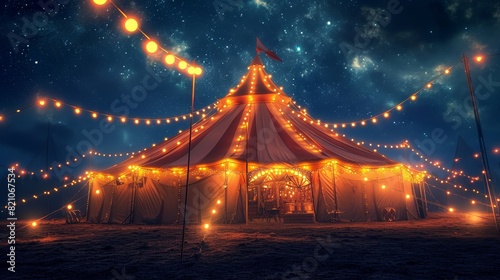 Circus tent glowing with warm lights against the backdrop of a starry night © AlfaSmart