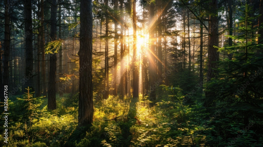 Beautiful forest panorama with bright sun shining through the trees