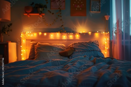 A bedroom with a neatly made bed and a string of lights overhanging the headboard photo
