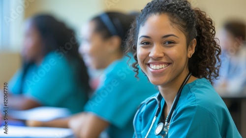 Nurse smiling while participating in a lively discussion at a seminar in a hospital classroom