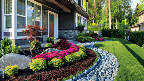 Photo realistic showcase of beautiful front yard landscaping highlighting the curb appeal and outdoor beauty of a home for sale in Adobe Stock