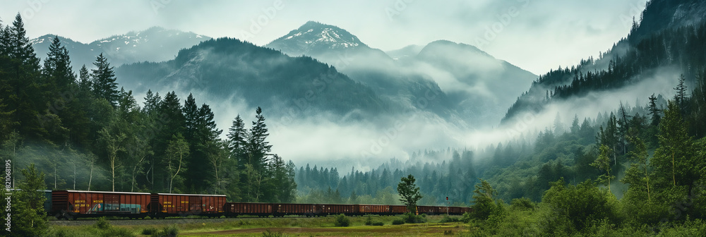 Naklejka premium A freight train winds through a misty mountainous region, enveloped by lush greenery and fog