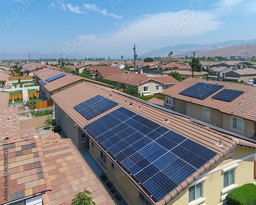 4K solar panels on residential rooftops in a suburban neighborhood, green energy, renewable energy, clean energy, high resolution