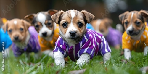 Group of playful puppies in matching striped outfits playing in grassy field. Concept Pet Photography, Puppy Outfits, Animal Portraits, Playful Poses, Outdoor Shoot photo