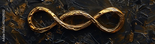 A symbolic gold bracelet with interconnected infinity symbols on a black canvas