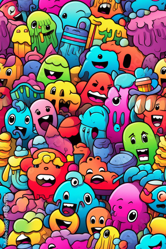 Seamless pattern with vibrant colors and funny doodles  high-quality and ready for print