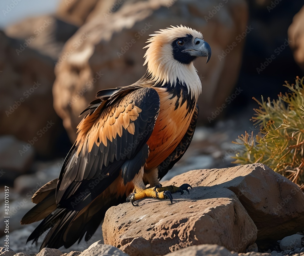 Bearded Vulture, Gypaetus barbatus, sitting on the stone and eats carrion. Bearded Vulture, Gypaetus barbatus, sitting on the stone and eats carrion.