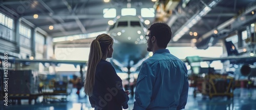 Two engineers in hard hats looking at an airplane in a hangar.	 photo