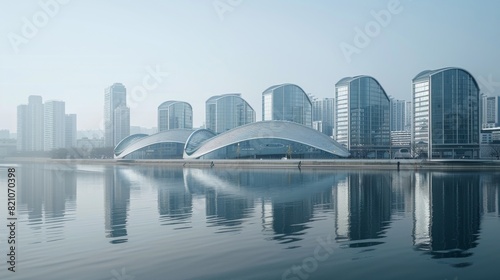 A city skyline of futuristic buildings along the river.