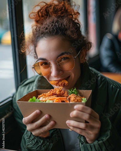 woman eats food from a box. is happy. high resolution  realistic  high quality photo taken with canon r3 camera  f 1.8 --ar 4 5 Job ID  2cf19069-8a72-4917-bebc-bbb039fbc856