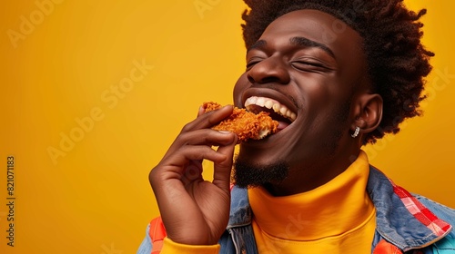 Black man wearing hip-hop themed urban outfit with a collage jacket. The man is taking a bite of a KFC crispy chicken wing. His expression is happy. photo