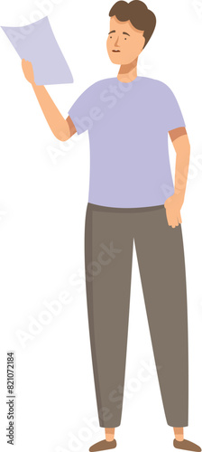 Cartoon of a puzzled young man looking at a paper document in his hand