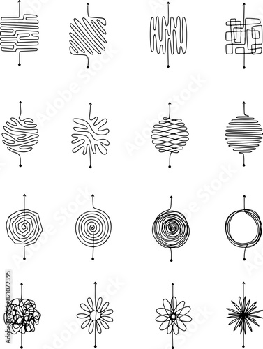 Pixel perfect icon set of chaos. Chaotic line arrow lines hand drawn complex route curved scrawl path confused messy knot ravel tangle. Thin line icons flat vectors isolated on white background
