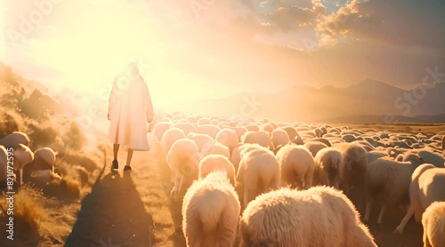 A shepherd in traditional attire walks ahead of a large flock of sheep on a mountain trail at sunset.
