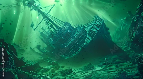 Eerie underwater scene with a sunken ship illuminated by light beams coming through the water. photo