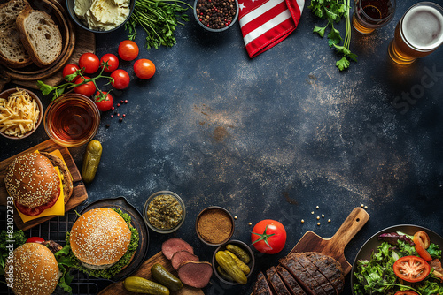 Food background with burgers, vegetables ans spices, space for copy photo