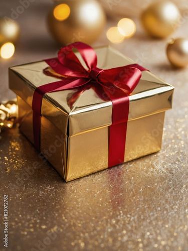 Luxurious Christmas decor on light gold surface, Golden gift box, red ribbon, seasonal elements, top view.