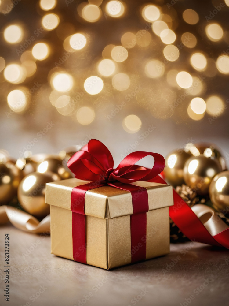 Luxurious Christmas decor on light gold surface, Golden gift box, red ribbon, seasonal elements, top view. Luxurious Christmas decor on light gold surface, Golden gift box, red ribbon, seasonal elements, top view.