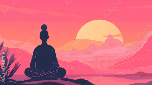 woman meditating with sunrise in the background and copy space 