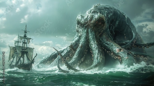 A beleaguered vessel navigates treacherous waters, battling colossal waves and eluding the relentless pursuit of a formidable kraken..stock photo