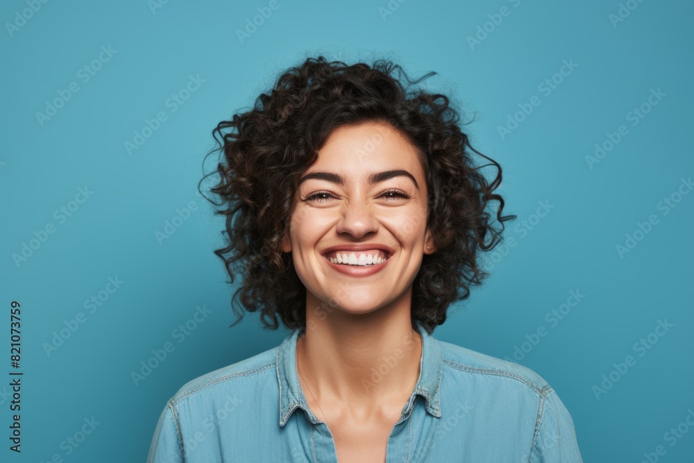 Portrait of a glad woman in her 30s smiling at the camera over solid color backdrop Portrait of a glad woman in her 30s smiling at the camera over solid color backdrop