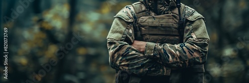 A focused image on a person dressed in camouflage attire with their arms crossed, suggesting readiness and strength