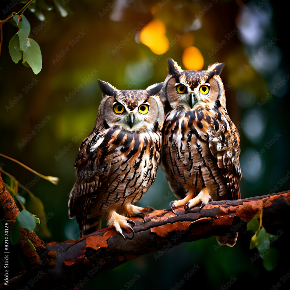close up of two owls perched on a branch stock photo,Two eagle owls, front view, looking at camera, close up generated by AI
close up of two owls perched on a branch stock photo,Two eagle owls, front view, looking at camera, close up generated by AI