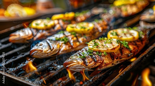 Delicious grilled fish topped with lemon and herbs, sizzling on a hot barbecue grill, perfect for a summer outdoor cookout. photo